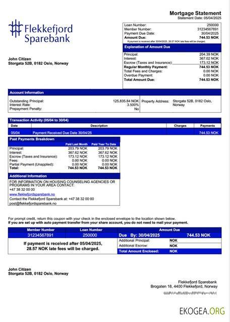 Norvège Flekkefjord Sparebank relevé hypothécaire Modèle Word et PDF